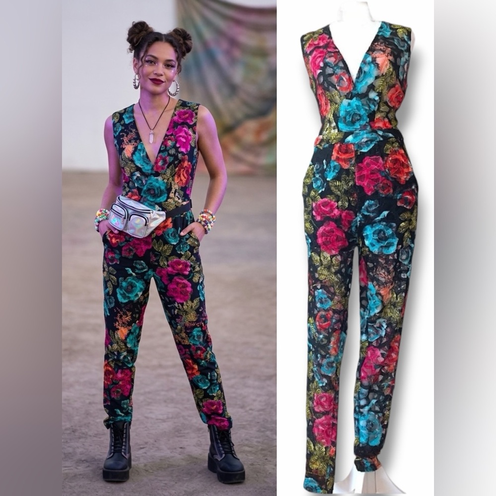 Xtaren Floral Lace Catsuit Jumpsuit Festival Indie Sleaze Rave Small Black Blue